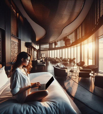 young boss manager trader woman remote work laptop luxury bedroom suite early morning panorama ai generative artの素材