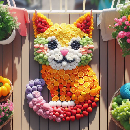 Playful arrangement of colorful fruits and textiles forming a vibrant cat face, AI generatedの素材