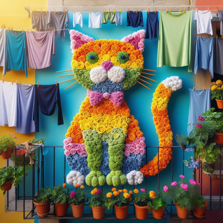 Playful arrangement of colorful fruits and textiles forming a vibrant cat face, AI generatedの素材
