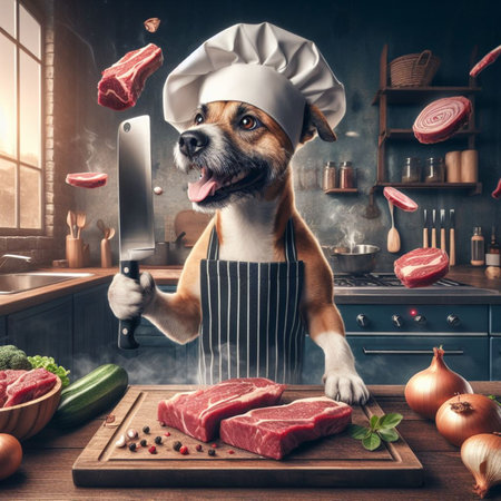 An animated Jack Russell dog character, adorned with a chefs hat and apron, is depicted with a jovial expression while expertly slicing ingredients for a flavorful dish.の素材