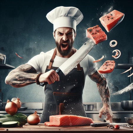 An animated muscular Chef strong character, adorned with a chefs hat and apron, is depicted with a jovial expression while expertly slicing ingredients for a flavorful dish.の素材