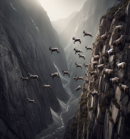 funny cartoonish goat jump dance choreography in mountain landscape at sunset digital illustration Ai generatedの素材