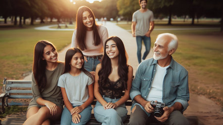 A happy multigenerational and mutli ethnic family sitting together on a park bench, AI generatedの素材
