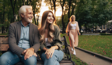 A happy multigenerational and mutli ethnic family sitting together on a park bench, AI generatedの素材