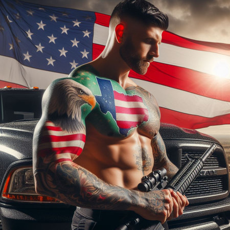 Muscular young white man with tattoos and an eagle on his shoulder, embodying a patriotic theme, celebrating 4th July independence day with american spirit card, AI generatedの素材