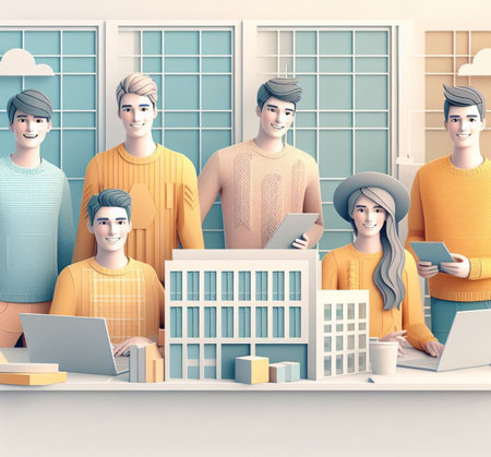 This image depicts a diverse group of professionals in a brightly lit, contemporary office environment, collaborating and working individually at their desks ai generatedの素材