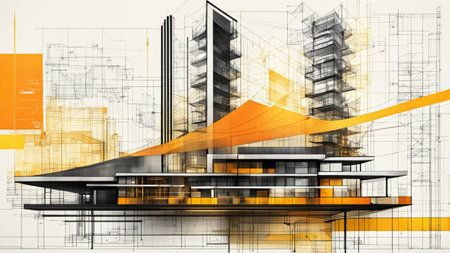 Modern architecture sketch with an abstract mix of cad design plans and black orange palette and tones, horizontal aspect ratio, off white background color, AI generatedの素材