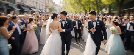 A jubilant moment at a wedding with the couple and guests in a celebratory haze, horizontal wide aspect ratio, daylight, AI generatedの素材