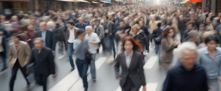 Busy crowded city street filled with a dense crowd of commuters pedestrians in motion, downtown, wide aspect ratio, morning time, AI generatedの素材