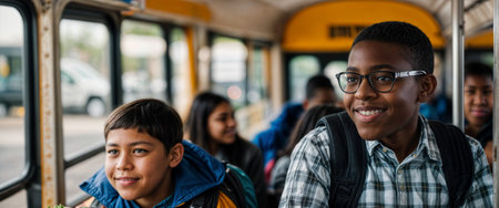 A confident smiling mixed race boy travels with a backpack sitting inside a yellow school bus with fellow students of his community, cinematic look, wide horizontal aspect ratio, AI generatedの素材