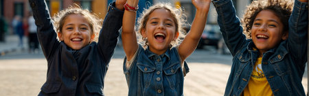 Happy joyful mixed race children jumping on a street at sunset with backpacks, AI generatedの素材
