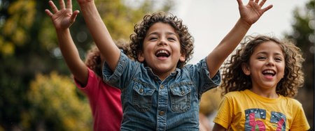 Happy joyful mixed race children jumping on a street at sunset with backpacks, AI generatedの素材
