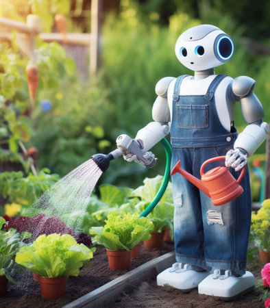 robot watering working in the farm vegetable garden to grow produce for human consumption generatedの素材