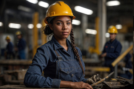portrait young black woman worker wear uniform and protective gear in factory setting AI generatedの素材