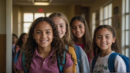 A diverse group of smiling girls with backpacks in a school corridor, wide horizontal aspect ratio, blurred sunny background with bokeh effect, AI generatedの素材