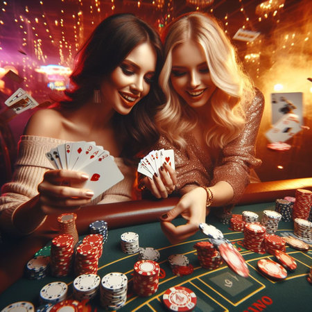 elegant women, dressed in stylish attire, are engaged in a game of craps at a bustling casino. They are focused on the dice as they roll, surrounded by the excitement of the game. AI generatedの素材