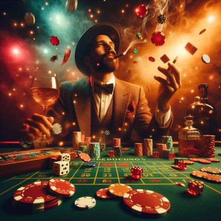 A man dressed in a formal suit is seated at a poker table, engaged in a game with other players. He is focused and calculating his next move, holding his cards close to his chest, AI generatedの素材
