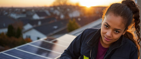 hispanic mixed race young female technician worker check solar photovoltaic panels in energy farm AI generatedの素材