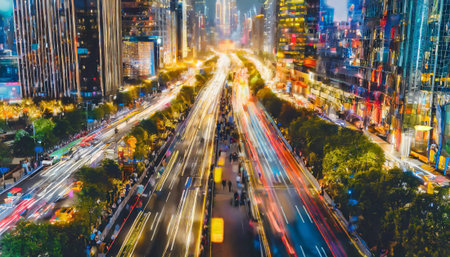 Dynamic nightfall city scene with long exposure traffic lights and urban glow,, rush hour commuting...