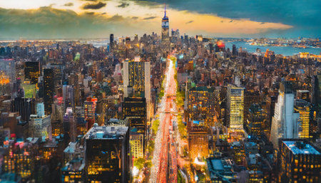Dynamic nightfall city scene with long exposure traffic lights and urban glow,, rush hour commuting...