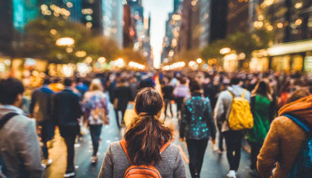 A busy city street with people walking and a bridge in the background. Scene is bustling and lively, rush commuting time AI generatedの写真素材