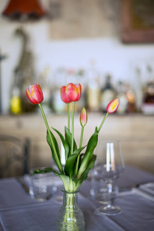 Bright pink tulips displayed in a transparent glass vase on a contemporary dining table with a subtle backdropの写真素材