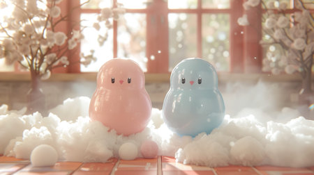 Two hourglass figures surrounded by clouds in a surreal pastel setting, AI generatedの写真素材