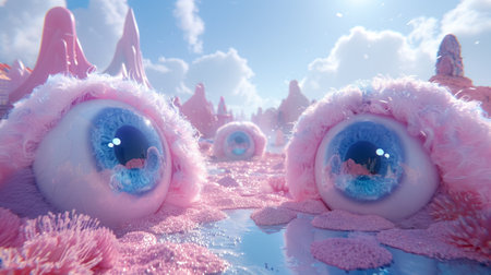 A fantastical landscape of fluffy pink textures and large reflective eyes, AI generatedの写真素材