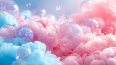Glittery balloons float through a peaceful pastel cloud-scape in a surreal setting, AI generated