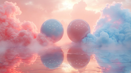 Glittery balloons float through a peaceful pastel cloud-scape in a surreal setting, AI generated