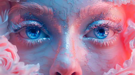 A serene woman surrounded by clouds with glitter on her face in a dream-like ambiance, AI generatedの写真素材