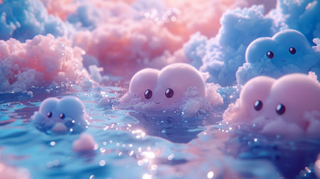 Adorable cloud-like figures with faces floating on water with a dreamy blue-pink ambiance, AI...