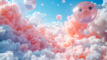 Glittery balloons float through a peaceful pastel cloud-scape in a surreal setting