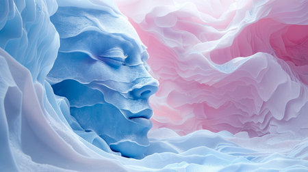 A surreal image of a woman's face emerging from pink and blue cloudsの写真素材