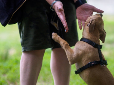 owner protecting and comforting puppyの写真素材