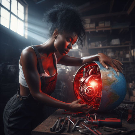 young woman artisan alchemist repair geared glow steampunk heart in dark workshop - love concept generative ai artの写真素材
