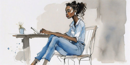 young adult black fit woman wearing jeans relaxed illustration watercolor style generative ai artの写真素材