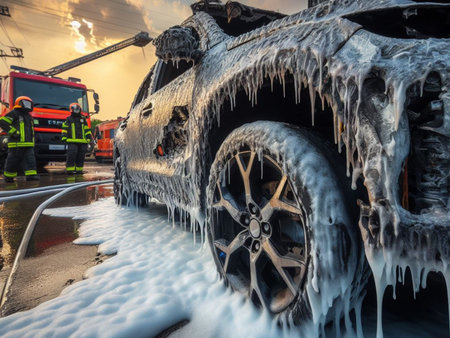 burned melted ev electric car, battery failure in parking lot, firefighter use foam to extinguishの写真素材