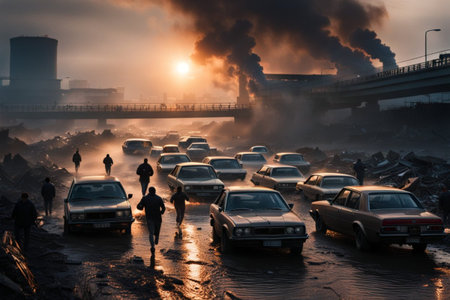 massive people escaping city in fire after explosion, apocalyptical scene, dystopian illustrationの写真素材