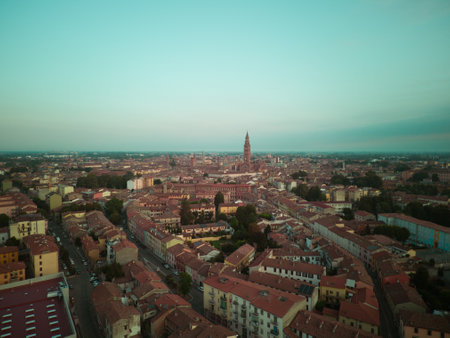 aerial view drone shot of red roofs cityscape of Cremona, Lombardy, Italyの写真素材
