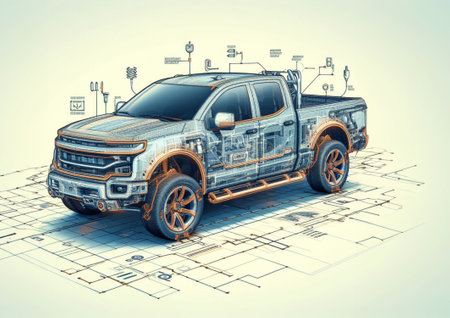 modern design render of truck pickup monster suv smart vehicle schematics illustrationの写真素材