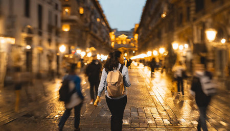 A busy city street with people walking and a bridge in the background. Scene is bustling and lively, rush commuting time AI generatedの写真素材