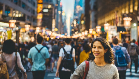 A busy city street with people walking and a bridge in the background. Scene is bustling and lively, rush commuting time.の写真素材