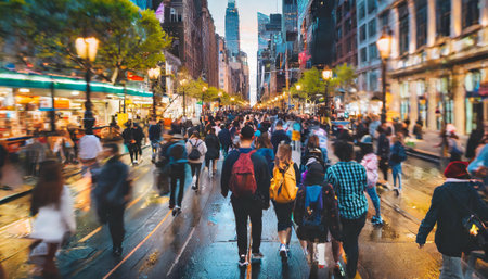 A busy city street with people walking and a bridge in the background. Scene is bustling and lively, rush commuting time AI generatedの写真素材