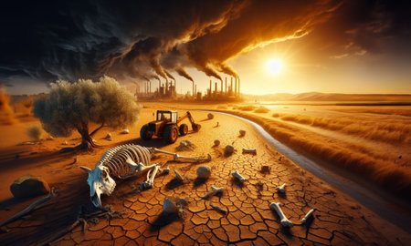 Scorched earth arid soil desert heat sun climate change global warming drought , abandoned unfertile land, tractor, animal bones, apocalyptic scene, ai generatedの写真素材