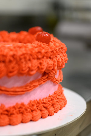 Pink red cupcake for birthday celebration, smoothing topper with spatula, wearing gloves in...