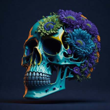 a decorative dark skull with flower and ornaments illustration generative ai artの写真素材