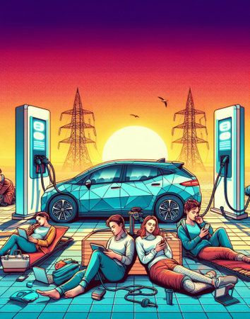 sleepy bored crowdwait ev electric hybrid car suv full charge battery to continue travel art ai generatedの写真素材