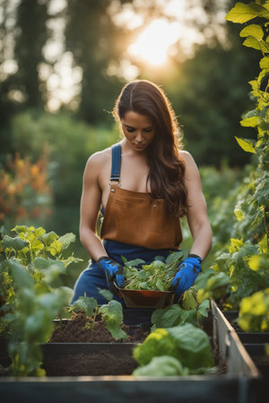 young adult woman farmer working in organic vegetable garden in the morning of sunny day generative ai artの素材