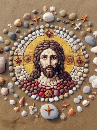 Sculpture of Jesus Christ made of pebbles at the beach at sunset, asking for peace stop war concept ai generatedの素材